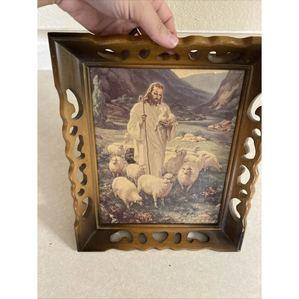 Vintage Jesus Christ The Good Shepard 1942 Warner Sallman framed MCM wall art